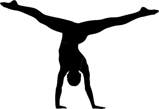 Graceful gymnast silhouette performing a handstand with a wide leg split, athletic female performer for fitness and acrobatics.