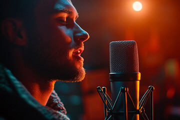 Artist singer dj sound engineer in music production studio with vibrant lights generative ai