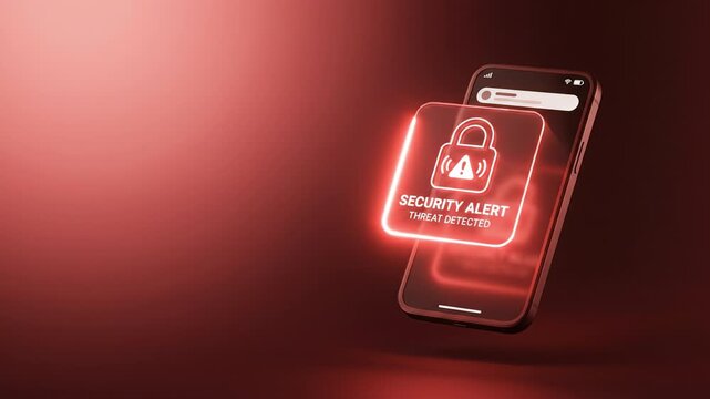 Modern smartphone security alert cyber threat detected mobile safety warning message red neon digital lock data protection network encryption firewall malware virus hacking cyberattack online privacy