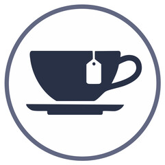 Obraz premium Tea cup with tag icon illustration. Hot drink with cup and saucer. Beverage or cafeteria symbol, round frame.