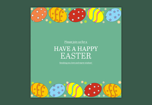Editable Happy Easter Greeting Card Post with Colorful Painted Eggs and Flowers Decorated on Green Background for Social Media.