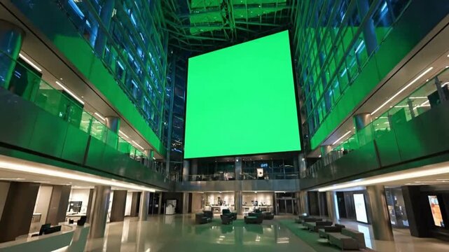 Corporate HQ Lobby. Night City & LED Billboard. Corporate Business. Multi-story atrium wall transformed into a green screen display, set in the glass lobby of a global corporate headquarters at night
