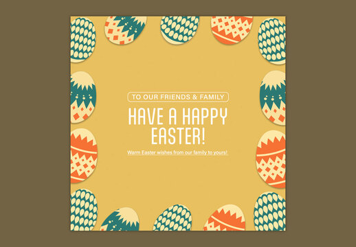 Editable Happy Easter Greeting Card Post with Colorful Painted Eggs Border in Yellow Background for Social Media.