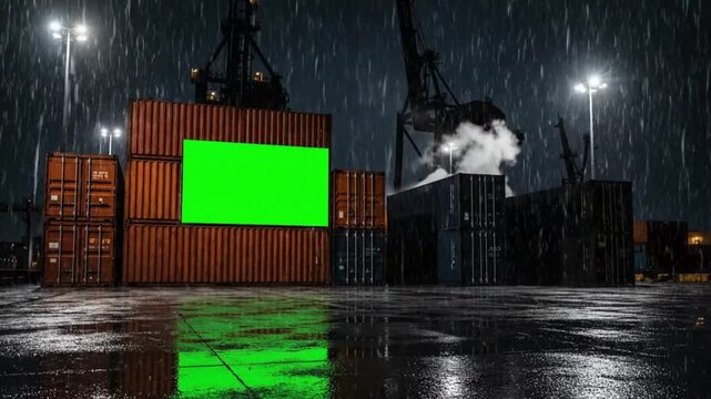 Industrial Docks Display. Night City & LED Billboard. Industrial/Logistics. Rugged, large-format digital green screen mounted on shipping containers, set in an active industrial shipping dock at night