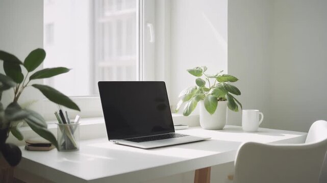 "Bright minimalist home office with laptop on desk, small plant, natural light streaming through window, clean modern decor, uncluttered workspace."