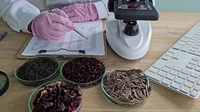 Examining different herbal samples in a lab setting with a microscope and data sheets