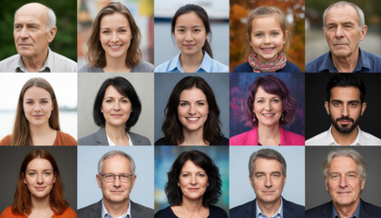 Collage of 15 portrait photos showing people of different ages, ethnicities and genders - perfect for diversity and inclusion concepts