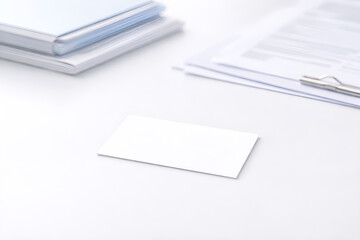 Naklejka premium Blank Stationery Card on Professional Workplace with Blurred Files and Clipboard