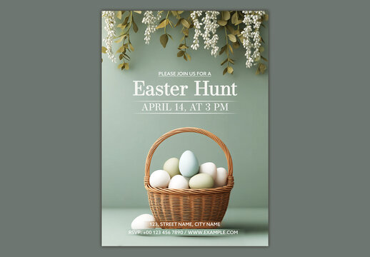 Editable Easter Egg Hunt Party Invitation Flyer Design with Pastel Eggs in Woven Basket and Hanging Floral Vines on Light Green Background.