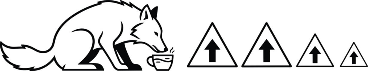 Fox with food and warning arrow road sign icons minimal black outline style vector illustration isolated on white © Mohammad