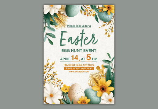 Editable Easter Egg Hunt Party Invitation Flyer Design with Painted Eggs and Floral Decorations on White Background.