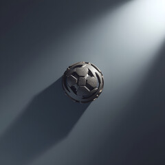 Grey metallic soccer ball with textured surface under spotlight