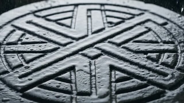 A detailed close-up of a grey manhole cover with a decorative pattern on a dark background, representing urban infrastructure on World Cancer Day 2026.