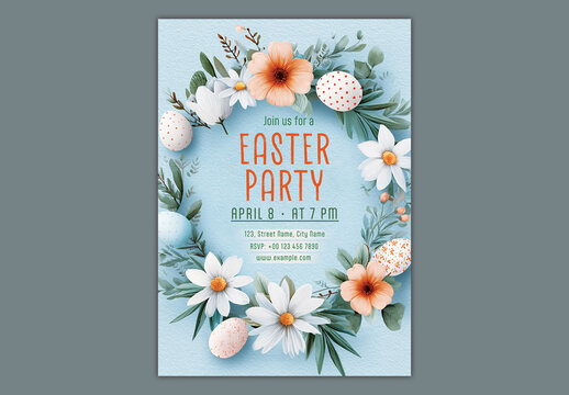 Editable Happy Easter Party Invitation Flyer Design with Easter Wreath Decoration on Blue Background.