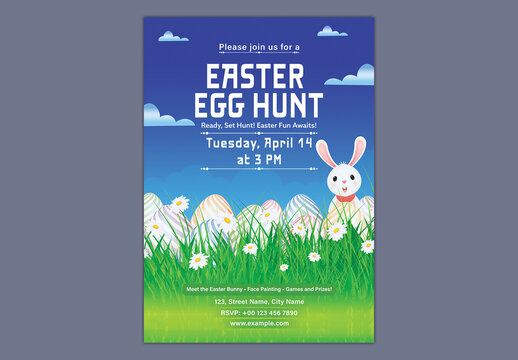 Editable Easter Egg Hunt Party Invitation Flyer Design with Cute Bunny Character and Colorful Painted Eggs in Daisy Flower Field Background.