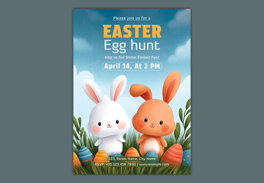 Editable Easter Egg Hunt Party Invitation Flyer Design with Cute Bunnies Character and Painted Eggs on Grass Under Cloudy Sky Background.