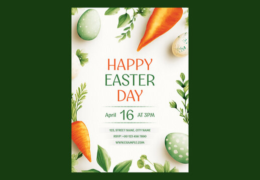 Editable Happy Easter Celebration Invitation Flyer Design with Painted Eggs, Carrots and Green Leaves on White Background.