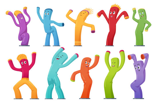 A set of inflatable dancing figures in various colors, each posing in a variety of poses. They re designed for a fun event, attracting attention and filling the surrounding atmosphere with energy.
