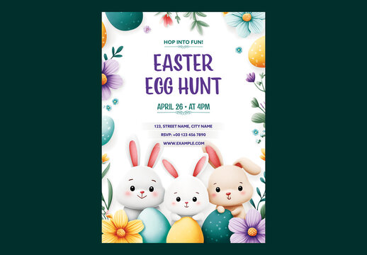 Editable Easter Egg Hunt Party Invitation Flyer Design with Cute Bunnies Character, Painted Eggs and Spring Floral Decorations on White Background.