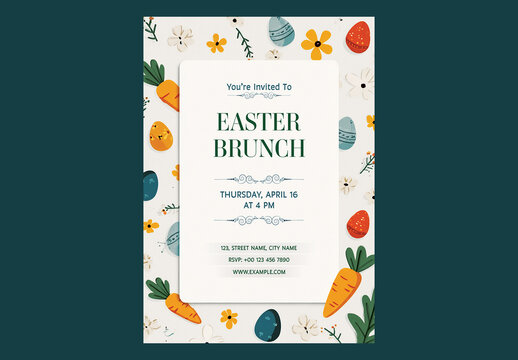 Editable Easter Brunch Invitation Flyer Design with Colorful Painted Eggs, Carrots and Floral Decorated on White Background.