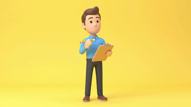 3D cartoon character with brown hair wearing a blue shirt and dark pants, holding a clipboard and pencil while writing notes against a solid yellow background