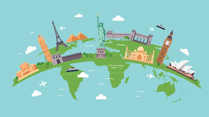 A globe illustration featuring famous landmarks around the world © Babat