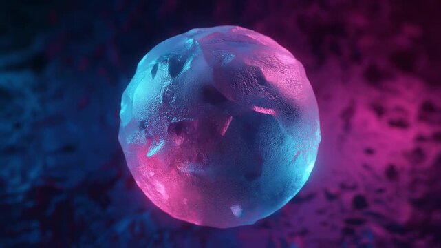 Mysterious crystal glass sphere with frost texture in blue and pink neon light