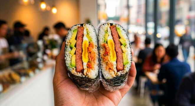 Hand holding gourmet Spam and egg Onigirazu rice sandwich in a modern cafe setting showing cross section