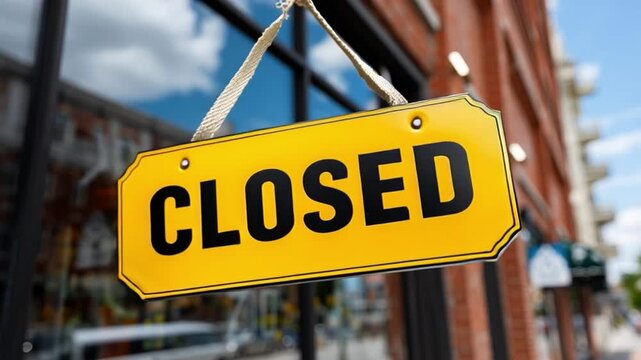 Closed Sign: A close-up shot of a bright yellow closed sign, hanging in a storefront window, signifying a temporary halt in business operations.
