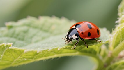Macro photography of Harmonia axyridis: A macro lens captures in high definition the natural moment when a Harmonia axyridis with a red-and-white-spotted shell perches on a tender green leaf. The deli