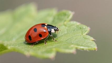 Fototapeta premium Macro photography of Harmonia axyridis: A macro lens captures in high definition the natural moment when a Harmonia axyridis with a red-and-white-spotted shell perches on a tender green leaf. The deli