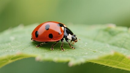 Fototapeta premium Macro photography of Harmonia axyridis: A macro lens captures in high definition the natural moment when a Harmonia axyridis with a red-and-white-spotted shell perches on a tender green leaf. The deli