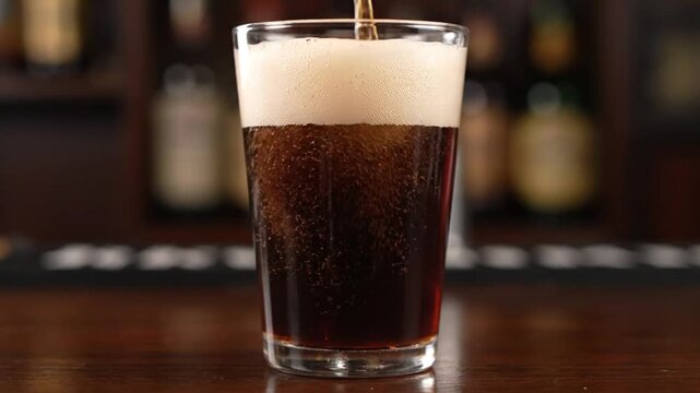 A glass of Guinness beer on a bar counter with a creamy head, on World Cancer Day 2026, in a dimly lit pub.
