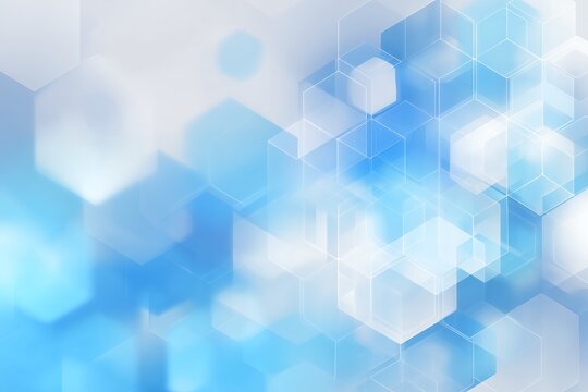 Abstract blue background featuring blurred geometric hexagons and defined cubical wireframes, concept for technology presentations, healthcare communication and digital data marketing