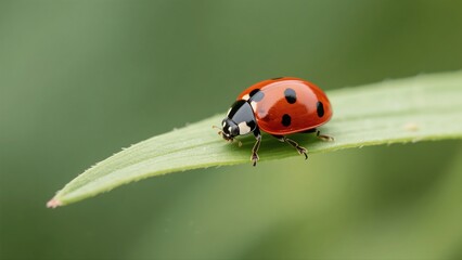 Fototapeta premium Macro photography of Harmonia axyridis: A macro lens captures in high definition the natural moment when a Harmonia axyridis with a red-and-white-spotted shell perches on a tender green leaf. The deli