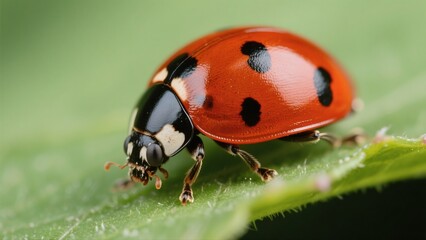 Fototapeta premium Macro photography of Harmonia axyridis: A macro lens captures in high definition the natural moment when a Harmonia axyridis with a red-and-white-spotted shell perches on a tender green leaf. The deli