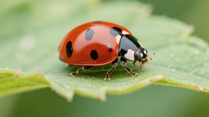 Fototapeta premium Macro photography of Harmonia axyridis: A macro lens captures in high definition the natural moment when a Harmonia axyridis with a red-and-white-spotted shell perches on a tender green leaf. The deli