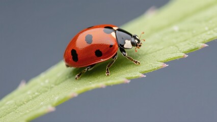 Fototapeta premium Macro photography of Harmonia axyridis: A macro lens captures in high definition the natural moment when a Harmonia axyridis with a red-and-white-spotted shell perches on a tender green leaf. The deli