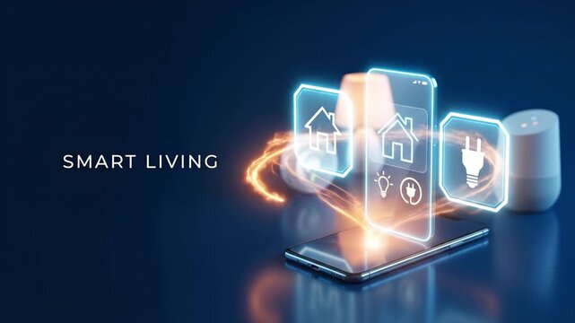 Smart home mobile phone home automation modern technology smart light plug glowing icon blue background digital network wireless control smart living smart device internet wireless technology