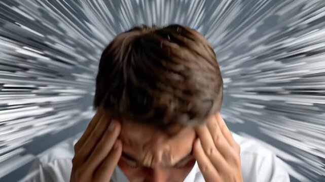 Overwhelmed: A person, embodying intense pressure, clutches at their temples against a blurred, swirling background, illustrating a sense of being overwhelmed, stress, and anxiety. 