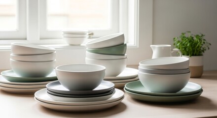 Fototapeta premium Modern Ceramic Dinnerware Set Stacked on Table Near Window