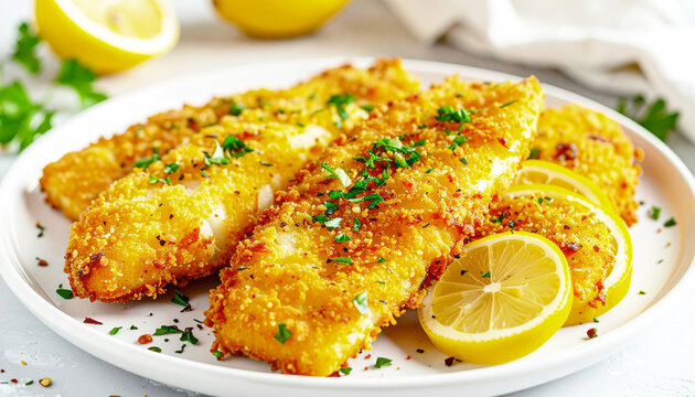 Perch fillets, breaded and baked, lemon slices, white plate, Lake Erie. AI
