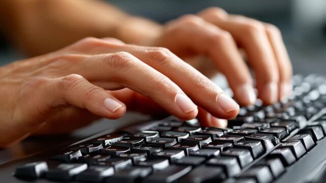 Typing at Work: A close-up shot of hands meticulously typing on a keyboard, symbolizing work and communication, capturing the details of purposeful activity.
