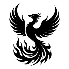 Fototapeta premium Bold Phoenix Silhouette With Flaming Wings Emblem In Black On White Background For Branding