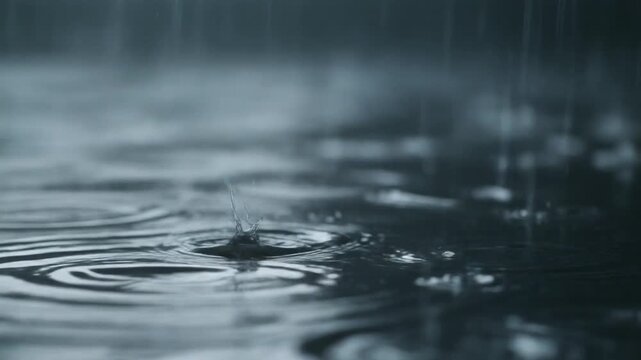 Cinematic close-up of rain falling onto a dark water surface, creating detailed splashes and expanding circular ripples. Realistic rainfall captured with shallow depth of field and soft natural light