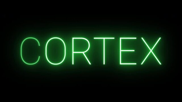 Flickering neon green glowing cortex sign animated black background.