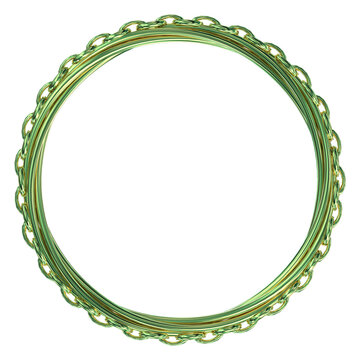 A sophisticated 3D rendered circular frame of glowing golden-green metallic chains and wires isolated on a black background