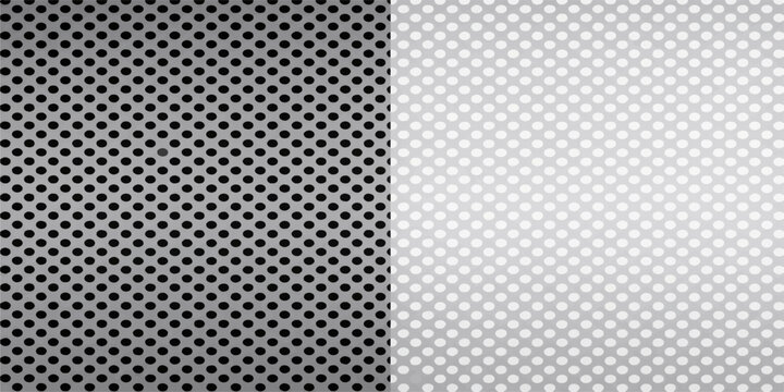 Seamless industrial metal grid pattern featuring a black and white textured steel mesh design with perforated silver chrome holes and metallic aluminum circular details for a gray carbon wallpaper bac