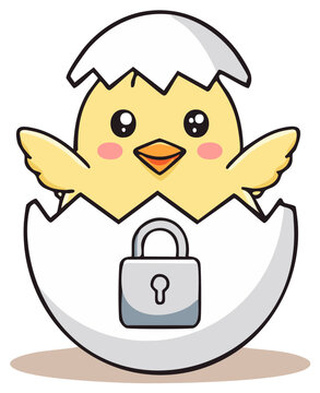 Cartoon chick hatching from egg with padlock, security, and data protection concept