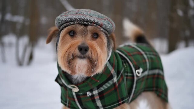 Cute terrier dog wearing green tartan coat and flat cap standing in winter snow